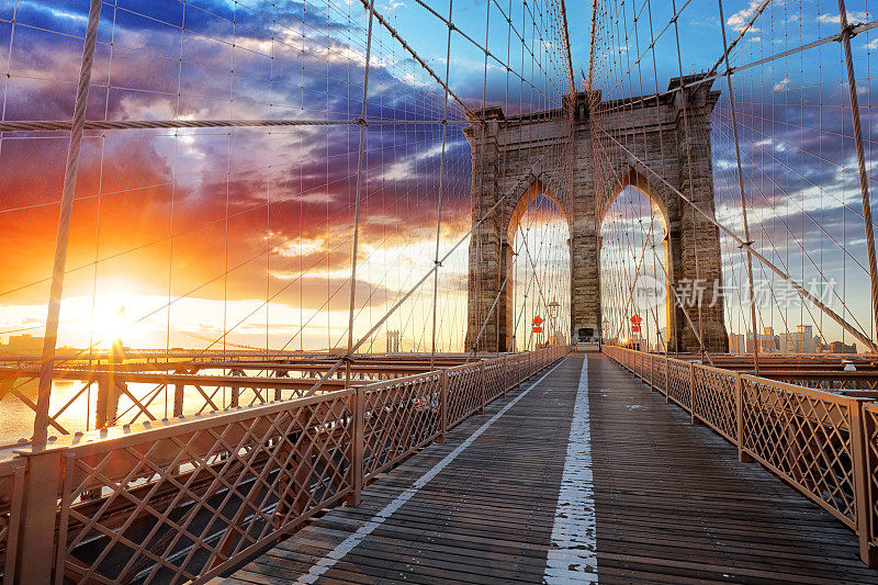 日落时分，从纽约曼哈顿下城滨水处眺望东河上的布鲁克林大桥。