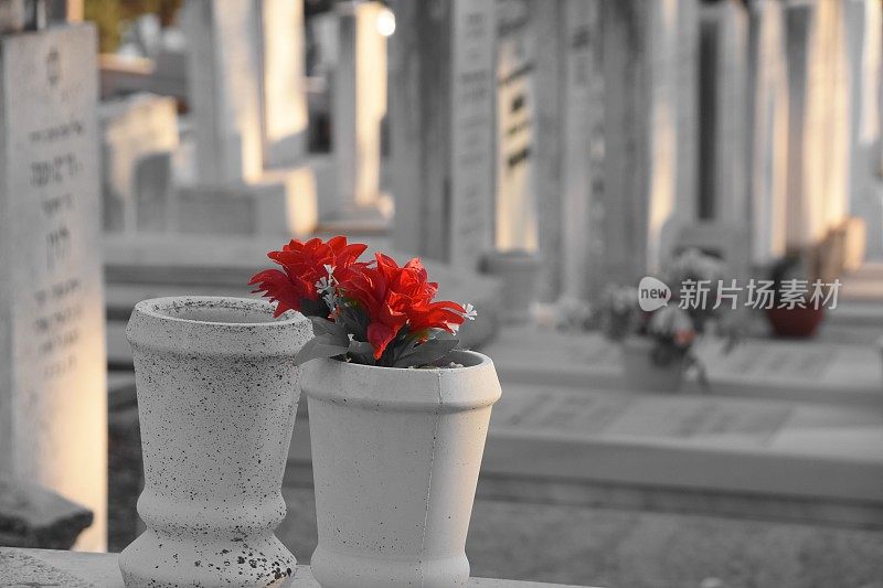 墓地里坟墓上的花