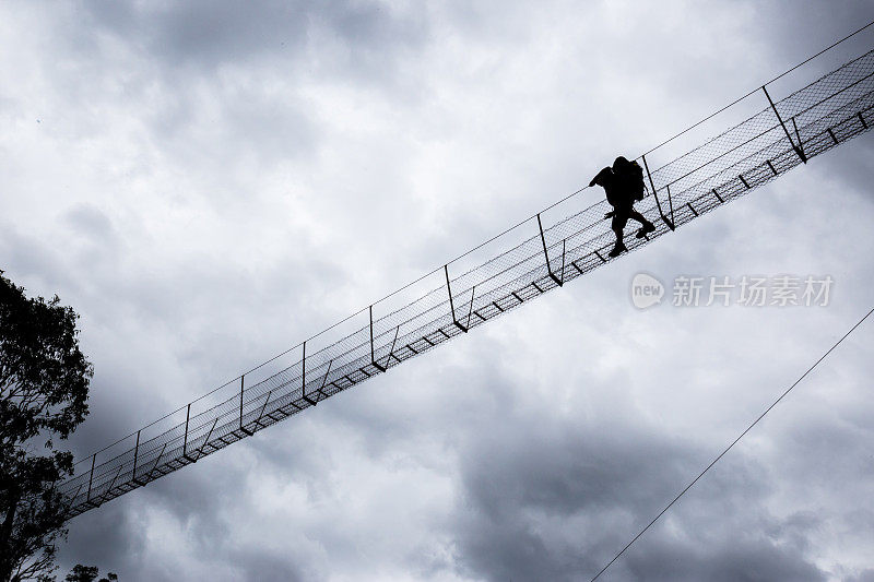 一名年轻女子在高空穿过一座悬索桥，背景是乌云
