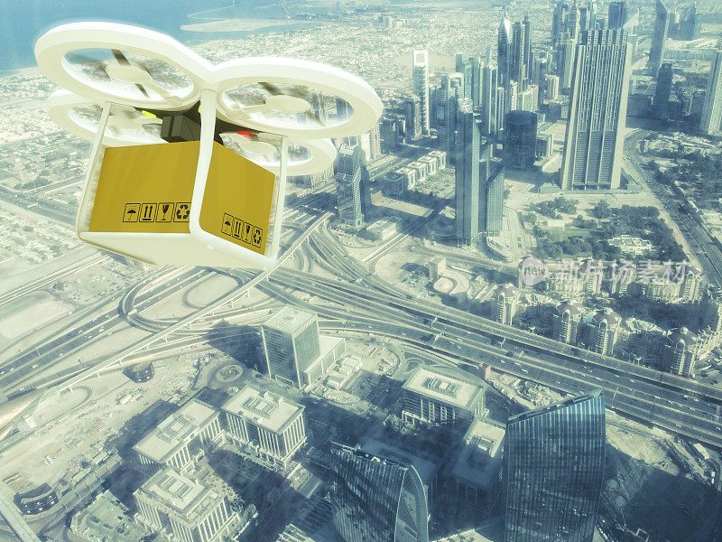 送货无人机在迪拜天际线物流飞行拍摄