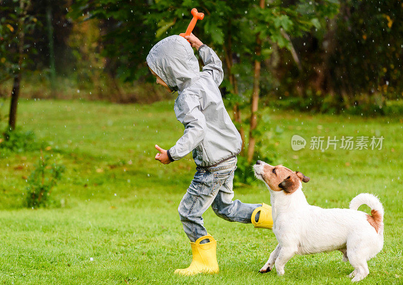 穿着防水外套的小男孩在雨中和狗狗玩耍