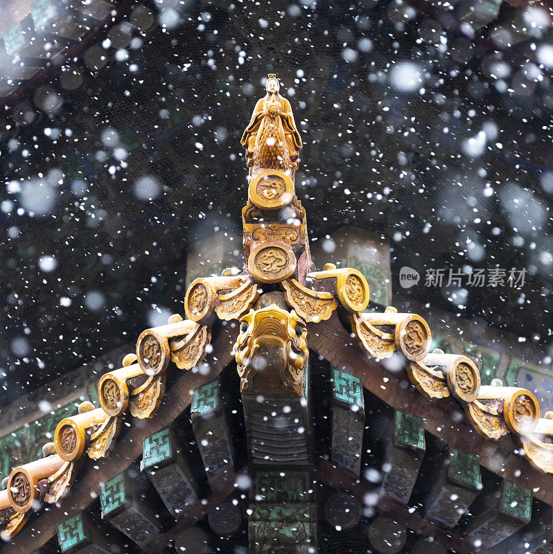 雪景建筑细节在北京紫禁城，中国
