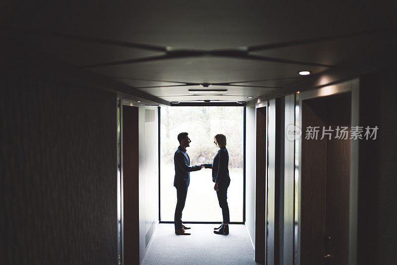 一对生意上的夫妇在一家旅馆的窗前握手