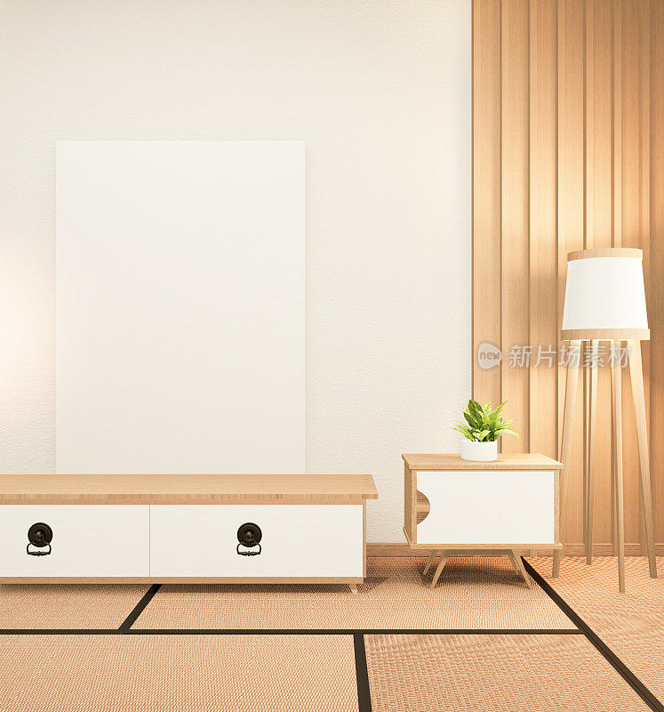 日本客厅的橱柜以白墙为背景，3d渲染