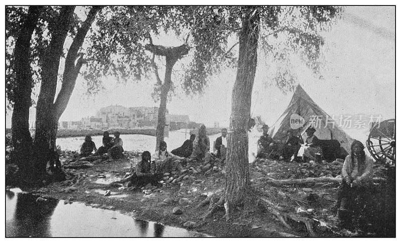 美国古老的黑白照片:土著，陶斯，新墨西哥州的普韦布洛