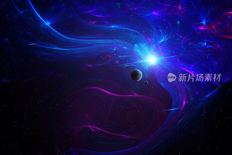 3D渲染数字生成幻想史诗般的空间场景与行星和恒星在星云的背景