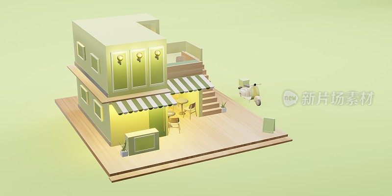 甜品店模型咖啡店餐厅送货服务卡通形象3D插图