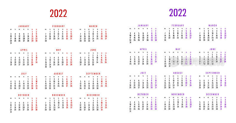 2022年日历，有2种不同的颜色选择和高分辨率