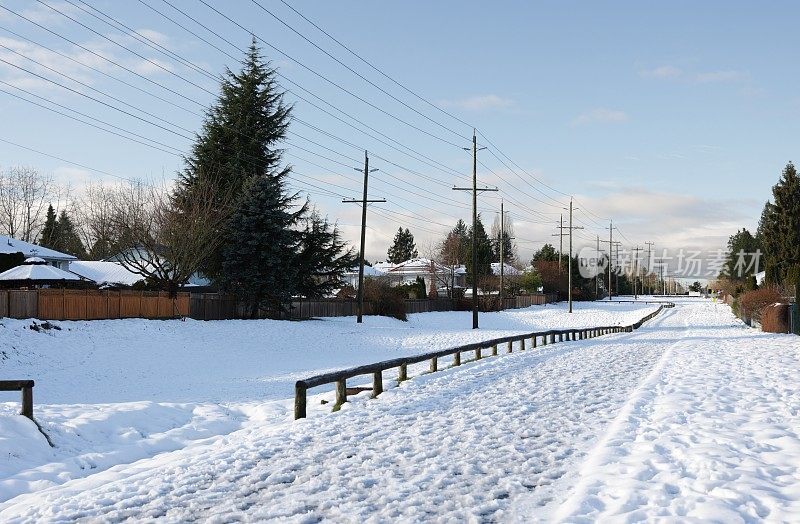 加拿大不列颠哥伦比亚省萨里市人行道上的积雪