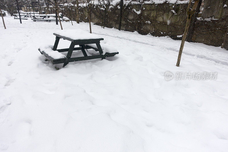 冬天公园里的野餐桌上都是雪