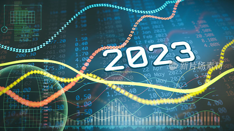 2023年的线形图与多个发光的虚线，日期，财务数字电子表格和数字信息图叠加。关闭组成。