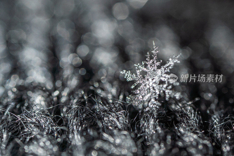 深灰色针织面料上雪花的超特写镜头