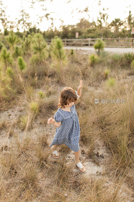 一个可爱的古巴裔美国3岁的小女孩，棕色卷发和棕色眼睛，穿着蓝色连衣裙和白色凉鞋，在佛罗里达州朱庇特农场的一个公园里，在一片黄色野花和干草中玩耍