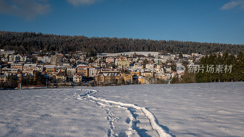 有雪的冬季景观。阳光灿烂的日子里，Tramelan村。伯尔尼，瑞士。
