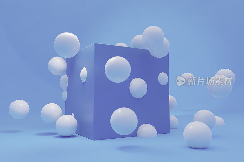 白色球体与蓝色立方体相互作用