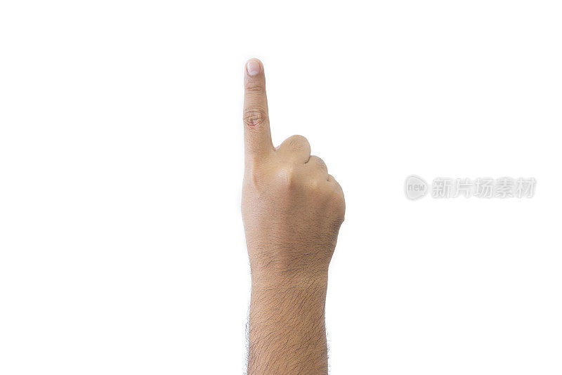 特写男人的手背。张开的手，显示一个手指的意思是第一，在问候延伸复制空间孤立的白色背景。文本空间。