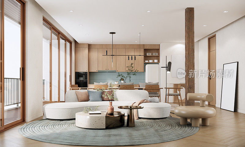 现代客厅室内设计与装饰，客厅白色沙发，餐桌和木椅，厨房柜台和橱柜。带阳台的3d渲染公寓房间