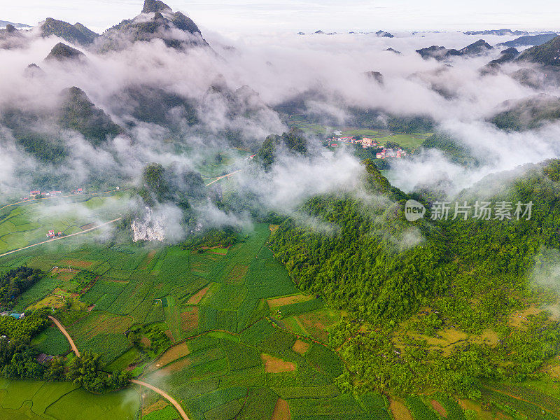 芳南河谷空中景观，越南曹邦省极具风光的景观，有河流、自然、绿色的稻田