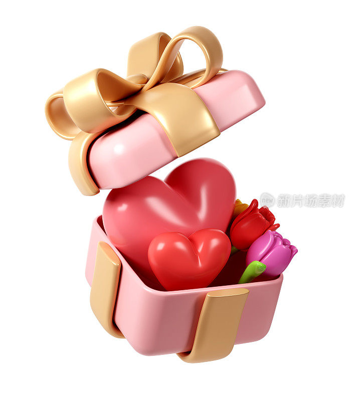 3d郁金香花束与心在粉红色的礼盒在卡通风格的装饰。爱情人节的浪漫设计，母亲节，妇女节，孤立的白色背景插图