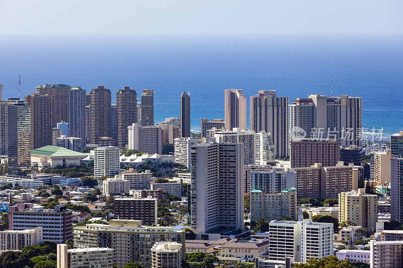 檀香山，瓦胡岛，夏威夷群岛，市中心商业区的天际线