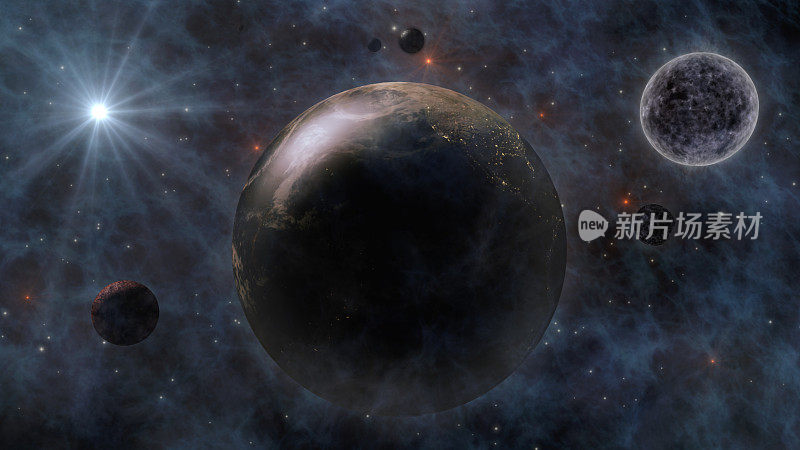 行星地球，太阳，月球和行星在空间3D渲染