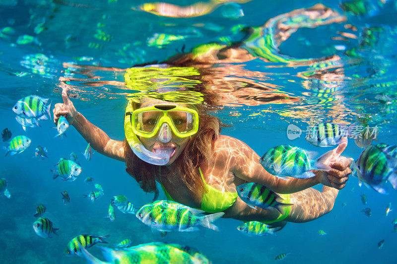 戴着浮潜面罩的女孩和珊瑚礁里的鱼一起潜水