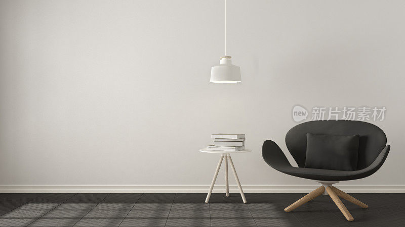 斯堪的纳维亚简约的背景，灰色扶手椅，桌子和吊灯人字形天然拼花地板，室内设计