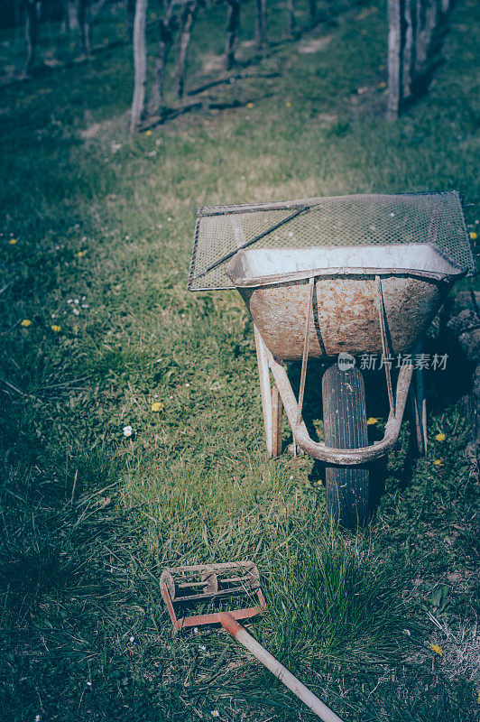 旧手推车和花园锄头在一个花园