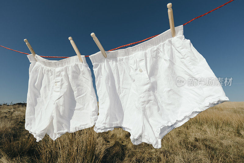 在乡村背景下，白色的平角裤挂在晾衣绳上。
