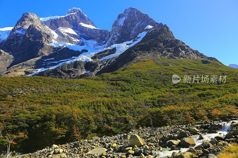 托雷斯·德尔·潘恩河谷、智利河、巴塔哥尼亚森林景观