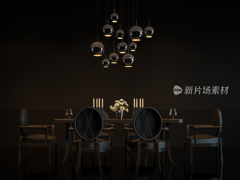 现代豪华黑色餐厅室内3D渲染图像