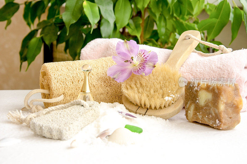 浴室用海盐晶体，浮石，风向标，紫花花，身体刷，贝壳，手工肥皂加上后跟的沙子