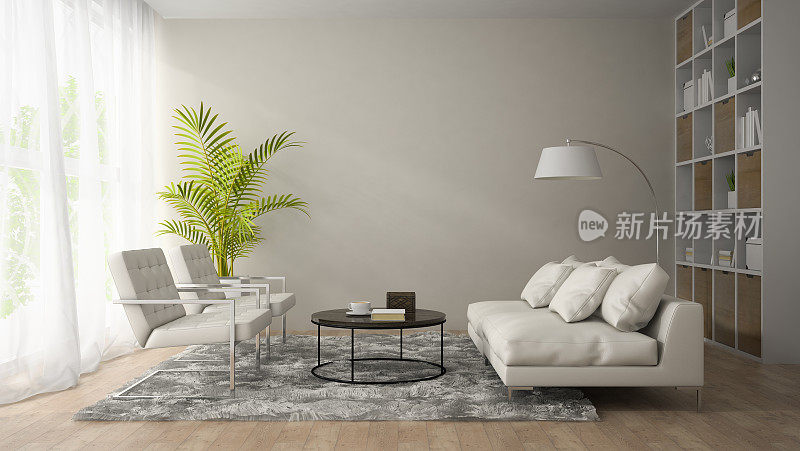 现代室内白色扶手椅和沙发3D效果图