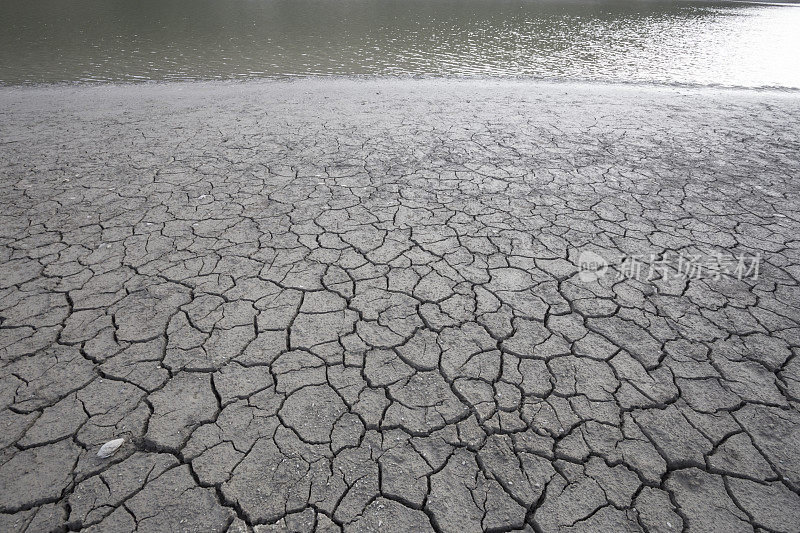 干燥、龟裂、贫瘠的土地紧挨着一个干涸的小湖