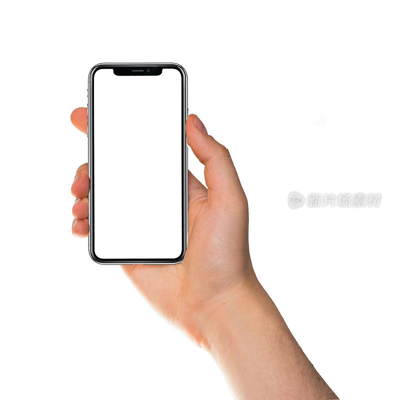 近距离男子手持手机孤立在白色，模拟智能手机黑色彩色空白屏幕