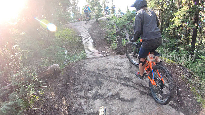 女山地自行车骑在通过森林的道路上