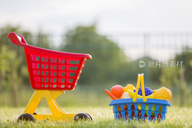 购物手推车和一个装着玩具水果和蔬菜的篮子。在阳光明媚的夏日，孩子们在户外玩的五颜六色的塑料玩具。