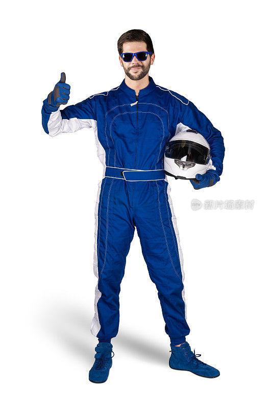 赛车手在蓝色的白色赛车运动整体鞋、手套和安全装备头盔显示大拇指向上庆祝后赢得孤立的白色背景。赛车摩托车运动概念。