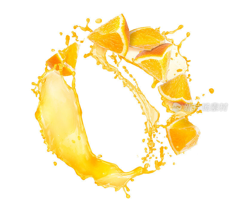 美丽的橙汁溅在白色背景上。橙子和果汁。橙汁围成一个圈。