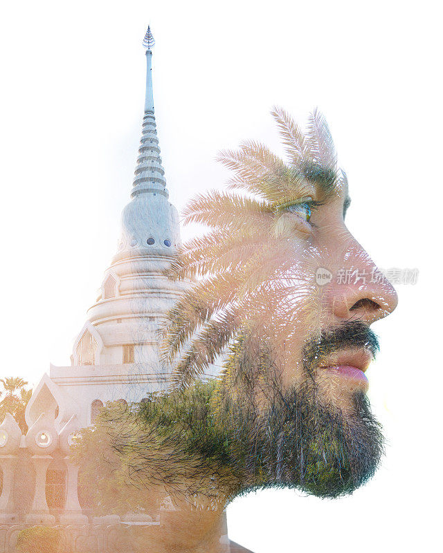 一个迷人的年轻男子的双重曝光近侧画像与泰国佛教寺庙结合