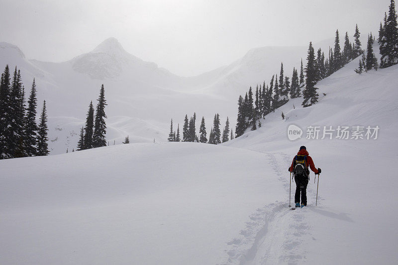 年轻女子在野外滑雪穿越高山