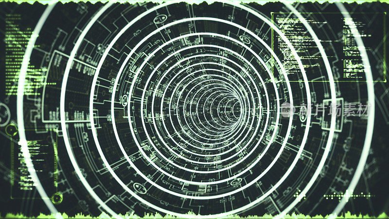 绿色虚拟现实抽象隧道粒子加速器设计与递减的视角，信息图和电路蓝图