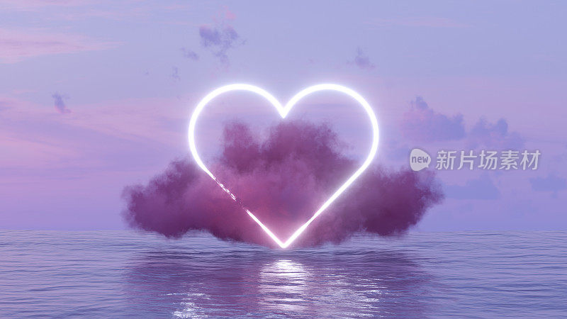 霓虹闪电发光的心形和海上的云，情人节的概念。