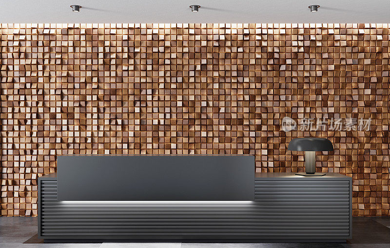 现代极简主义的办公室大堂内部有长长的黑色接待桌和木制立方体背景墙