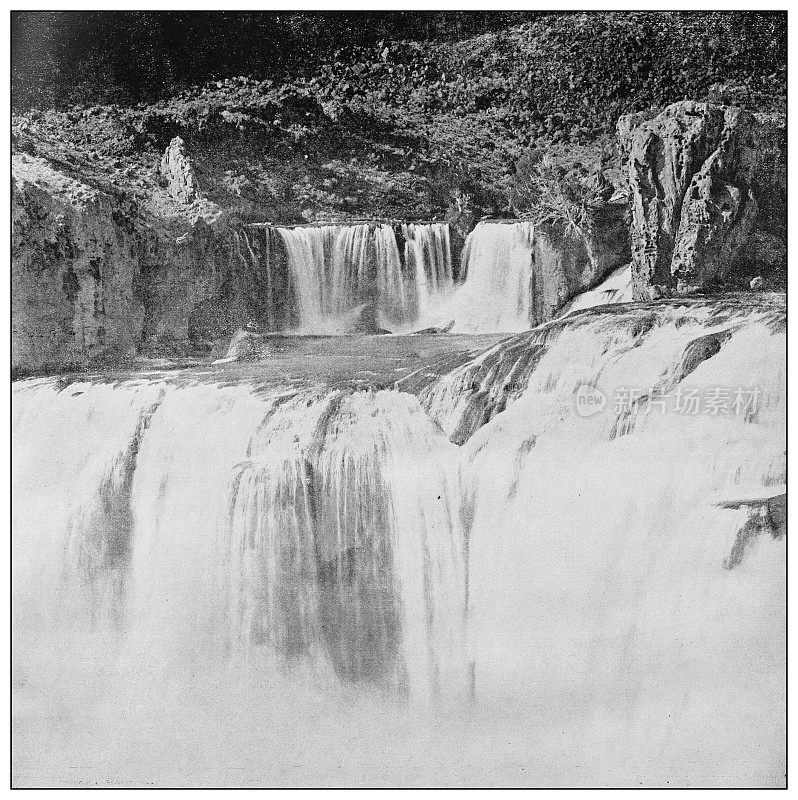 美国的古董黑白照片:肖肖尼瀑布，爱达荷州