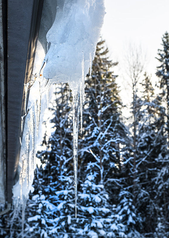 屋顶排水沟，雪和冰柱。