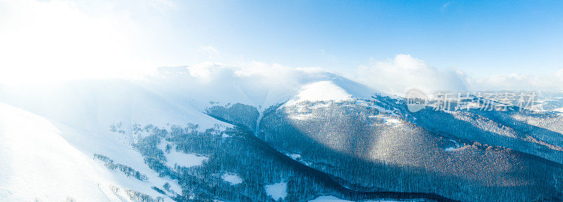 冬天的风景在雾与雪和树枝覆盖着白霜和冰冻的雪。高质量的照片