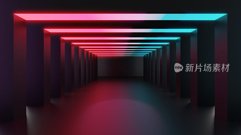 三维渲染插图，抽象照明背景与几何大厅灯发光与蓝色和粉红色的光。用透视图显示空工作室
