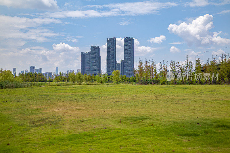 城市公园草坪和现代摩天大楼的背景