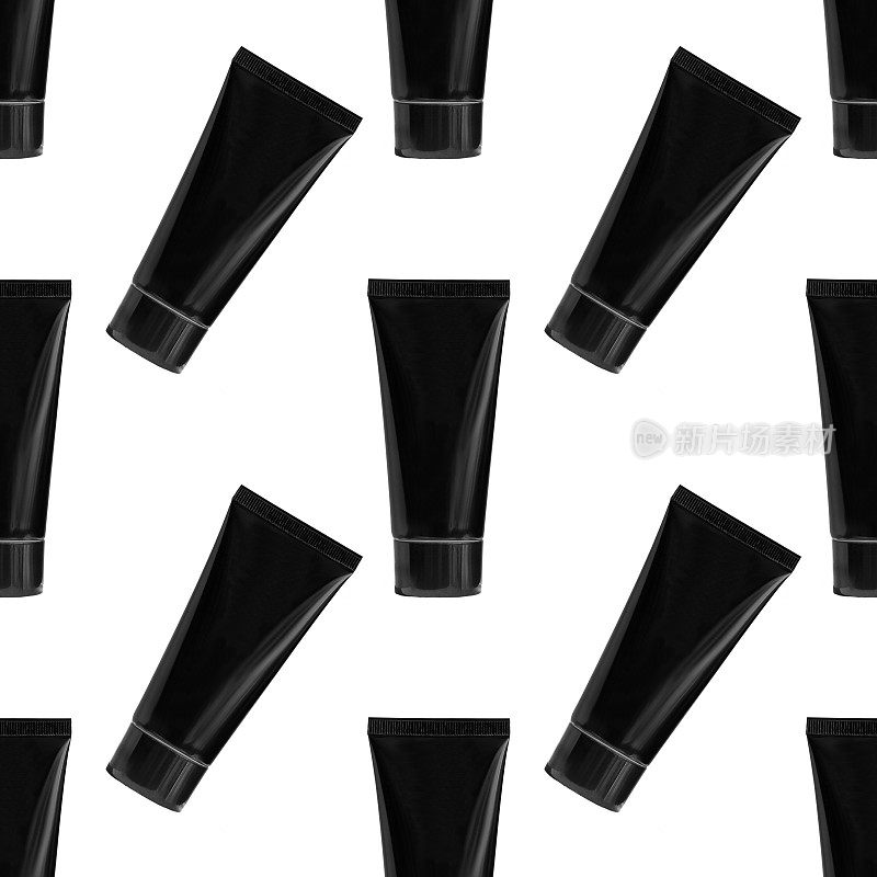 随机安排的化妆品黑色塑料管模型的无缝图案。容器霜，保湿乳液，洗发水，牙膏在白色孤立的背景